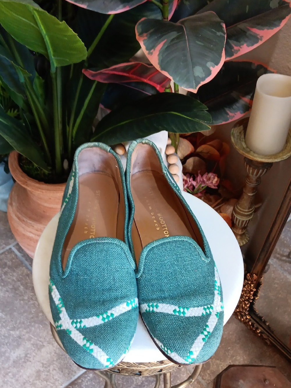 Stubbs & Wootton Malachite Needlepoint Slippers Spain 8 Handmade Luxury Preppy